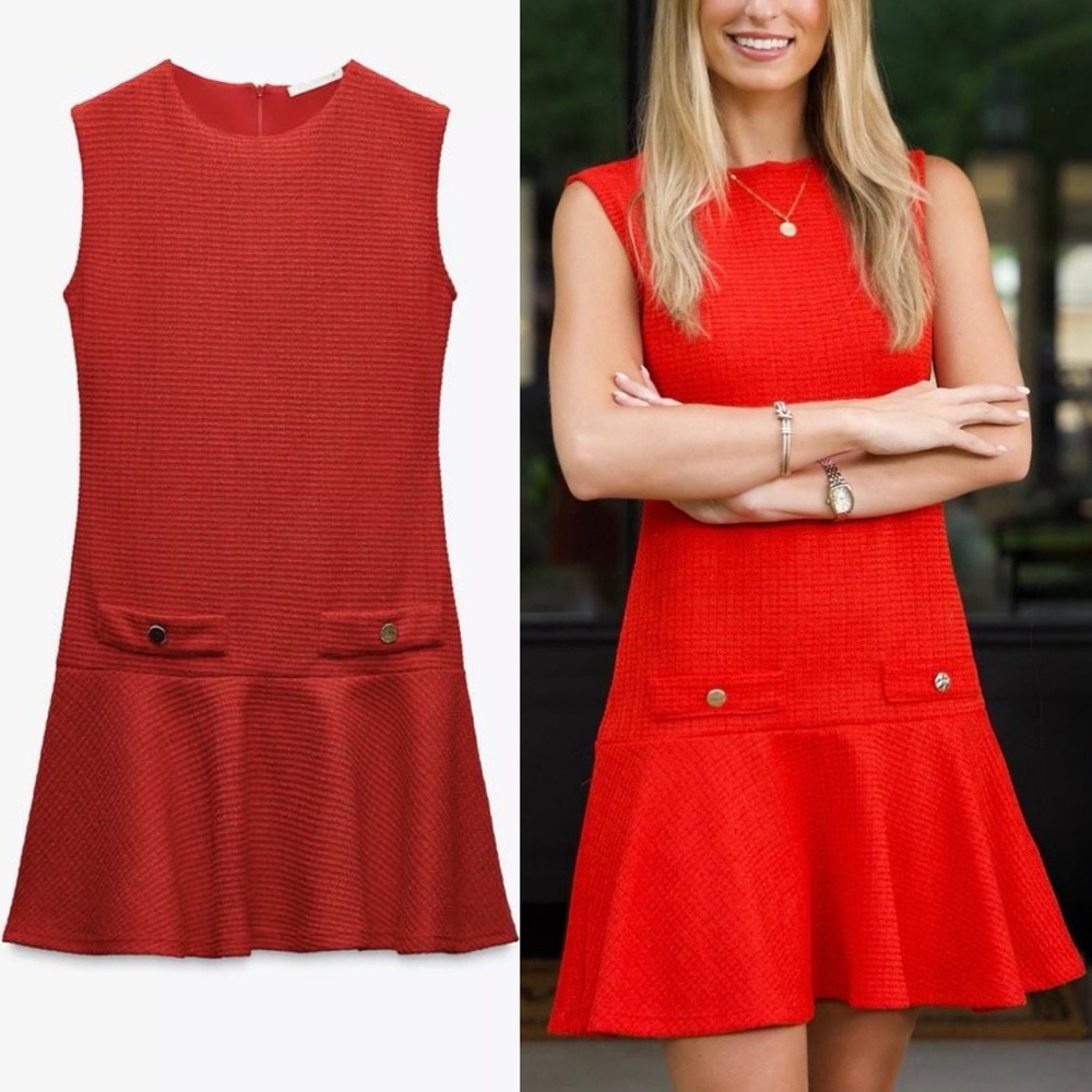 Zara NWT red tweed textured mini dress
